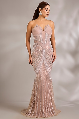 Lavender Pink Italian Tulle Embellished Gown by Bhawna Rao